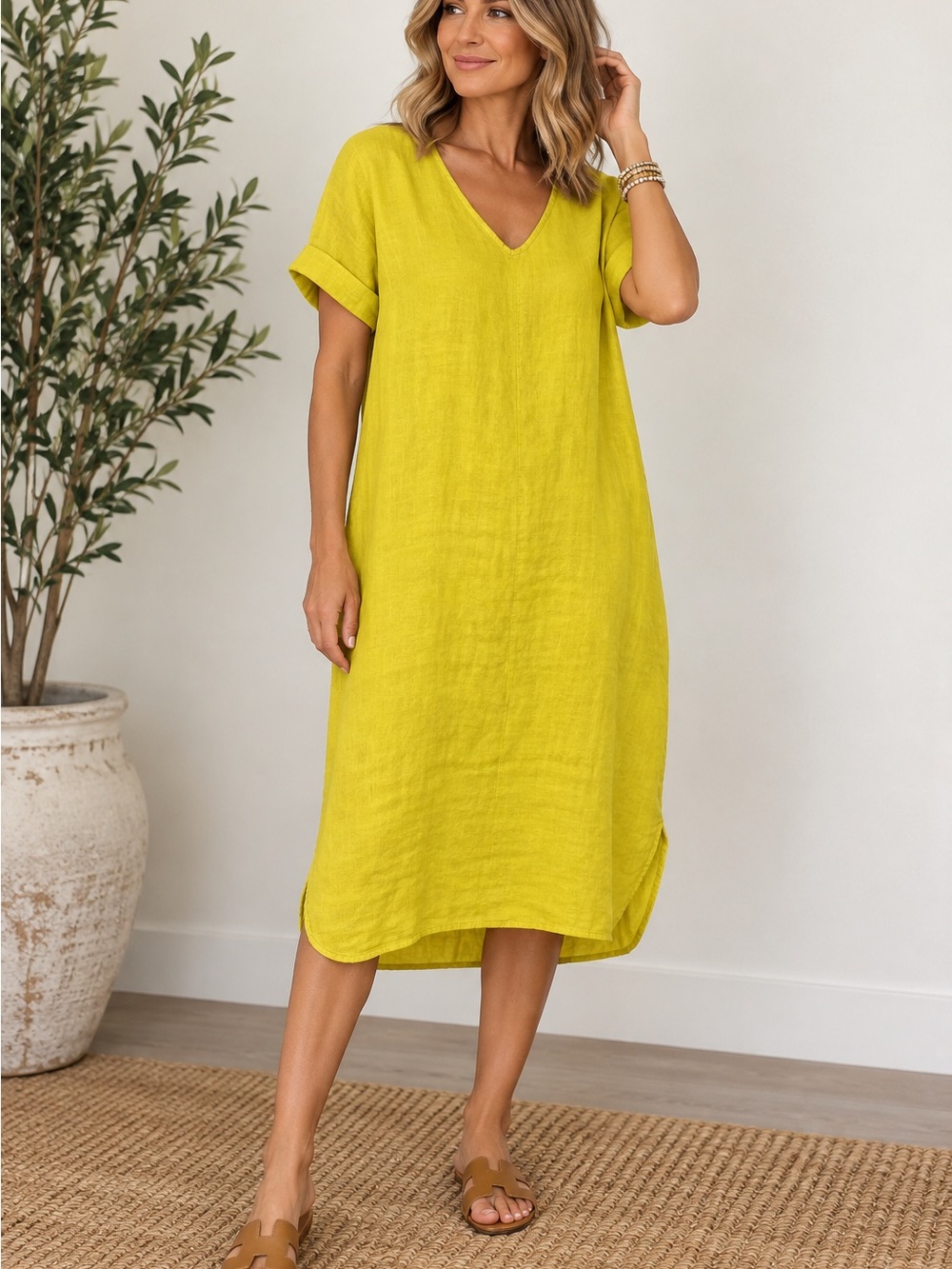 Francesca Bettini Italy 100% Linen Yellow Lagenlook Midi Dress S